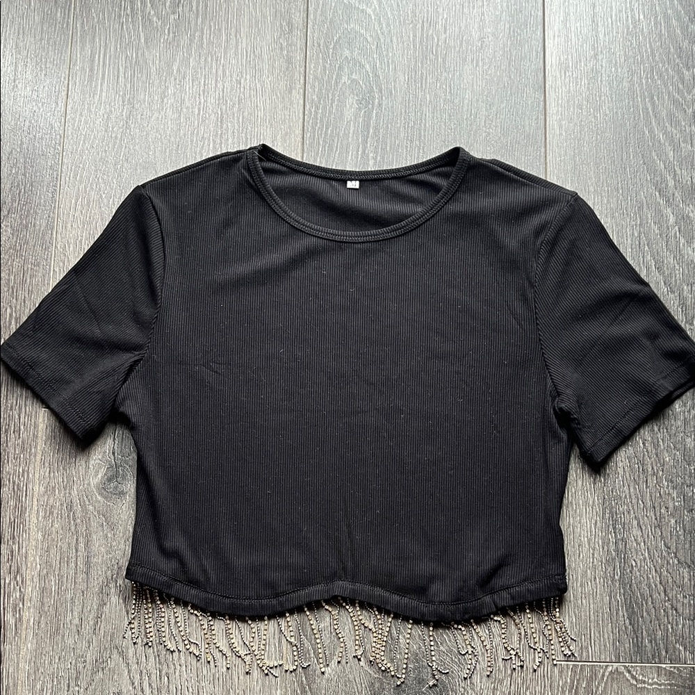 Black Cropped Fringe Tee - Women Tops